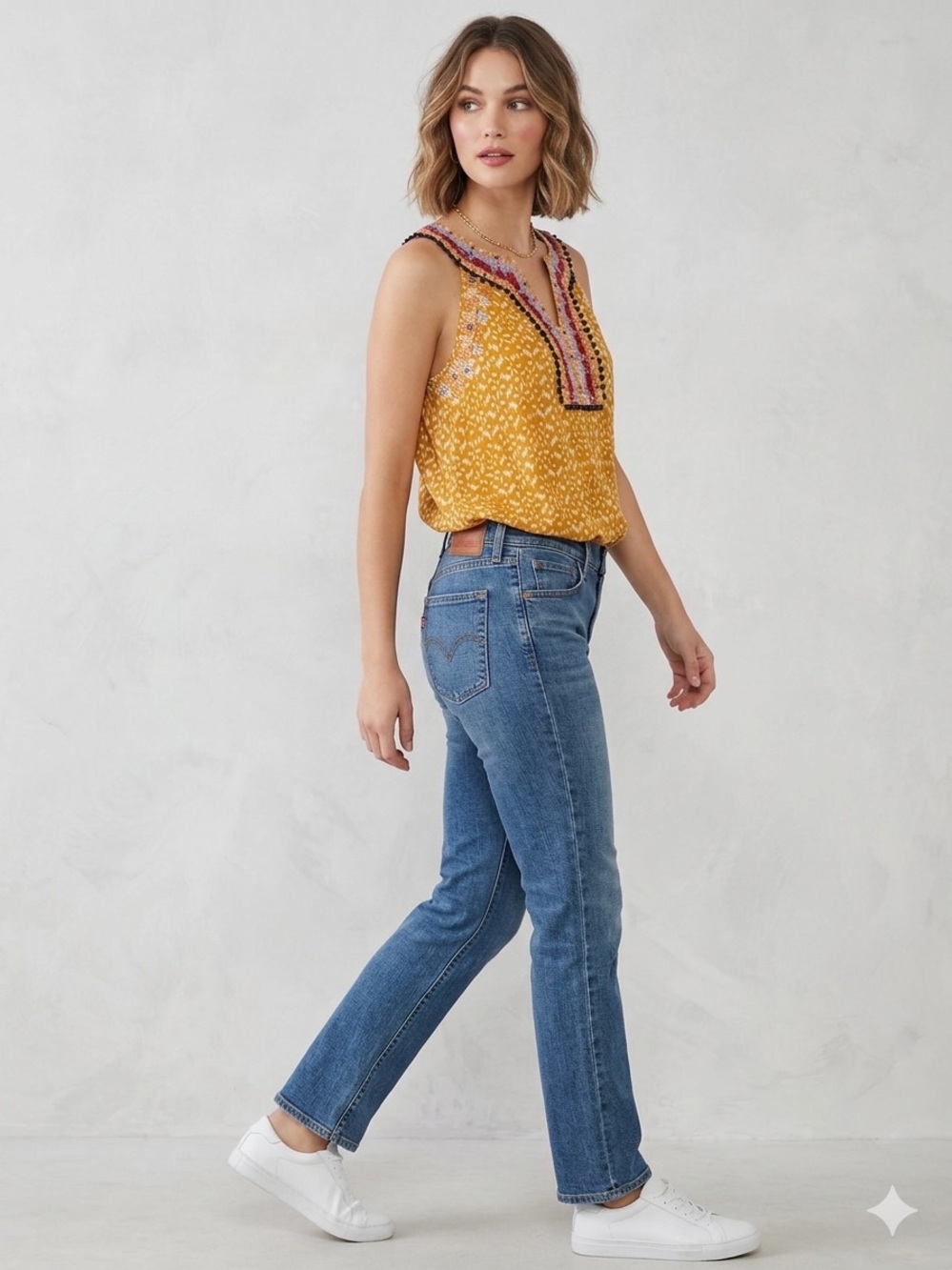THML Kaileen Embroidered Top Medium NWT Mustard Boho Split Neck Tank Stitch Fix